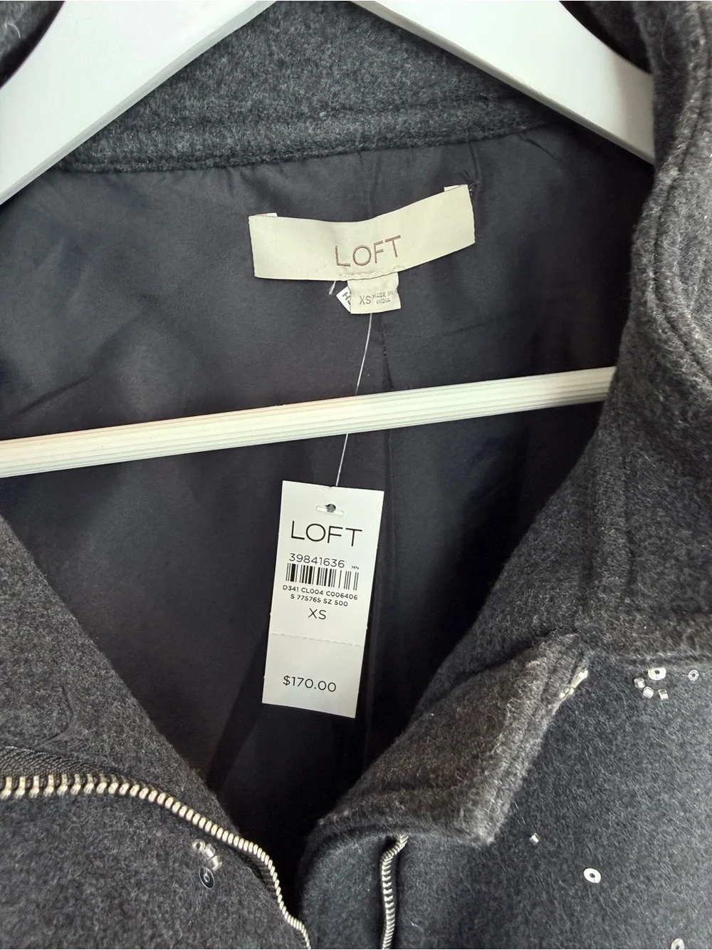 LOFT Dark Gray Sequin-Accented Zip Front Jacket